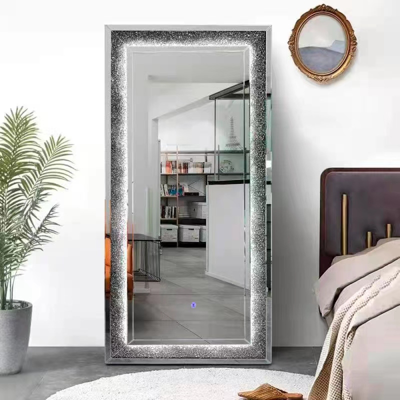 High Quality Crushed Diamond Frame Home Decor Full-Length Mirror with LED Light